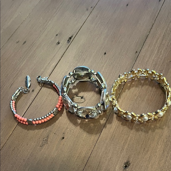 Jewelry - Set of Three Bracelets - Coral, Silver, and Gold